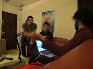 Mathieu directs Hjalti and Francesco as they record new placeholder dialogue for the latest animatic.