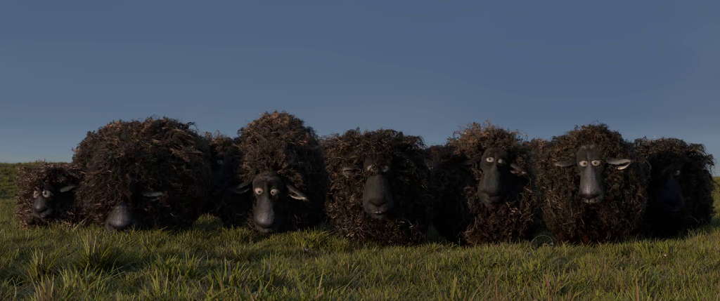 Mathieu tested 14 furballs together in this sheepy animation available on the Cloud (which makes a most Zen-like screensaver), which renders well in Cycles. For the final renders, this flock should be at least double the size (so, 30 sheep). 