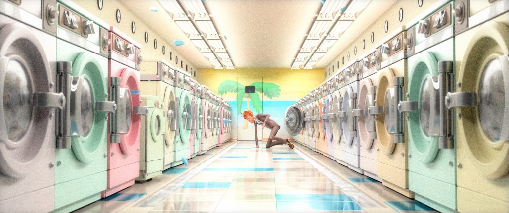...You will find a new render of Cosmos Laundromat. Mathieu asked for a more pastel interior (though the final version will likely be slightly darker).
