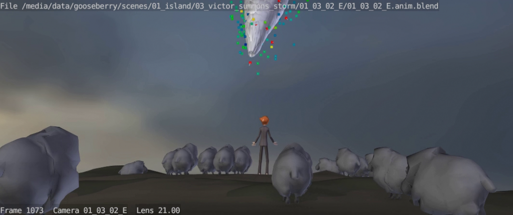 Beorn also worked on adding the full flock to the tornado shots. At the climax of the tornado, there are no less than 60 sheep. The trick is figuring out how to repeat models and animations for efficiency without the audience noticing. You can see the full animation in his Cloud folder.
