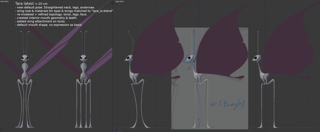 Final Model with new default pose to facilitate rigging: Straightened neck, legs, antennae. Daniel's rig tweaks image is set as background image.