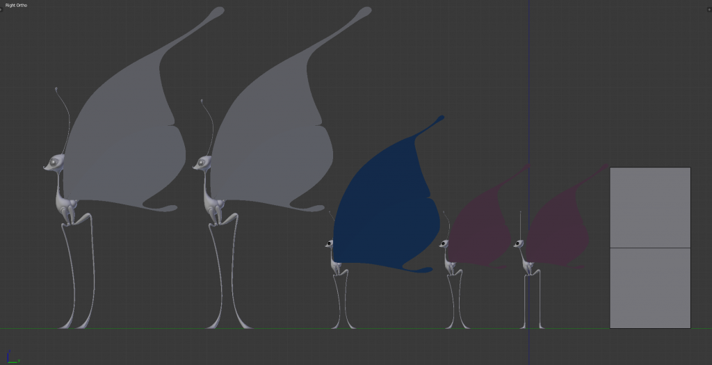 Some of the revisions along the way: legs, head/wing size, body scale, antennae placement.